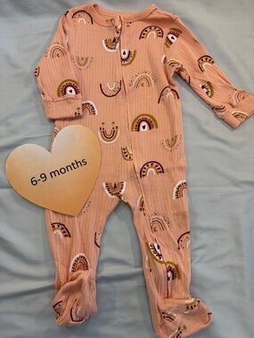 Rabbit + Bear - Organic cotton Pink Baby Onesie with Rainbow Pattern